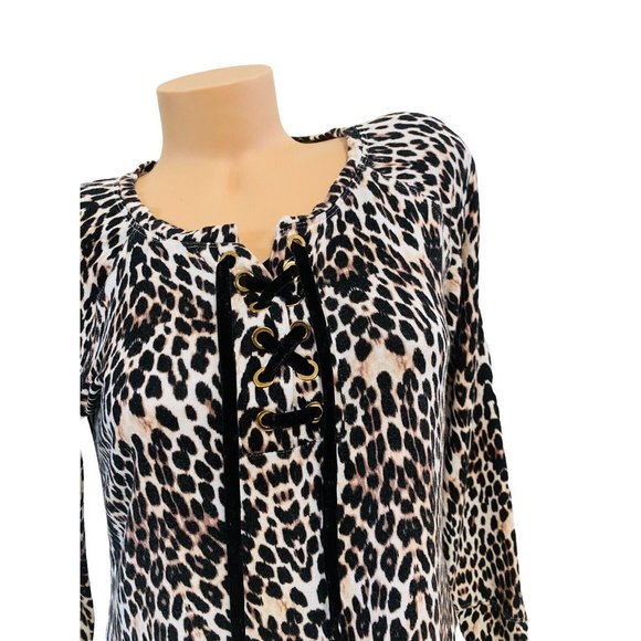 Soma‎ Women's MEDIUM Blouse French Terry Lace-up Sweatshirt Mirrored Cat Taupe - Picture 2 of 5